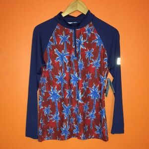 Red/Blue Palm Print Women's Long Sleeve Rash Guard SPF 50 Swim Shirt Top Medium